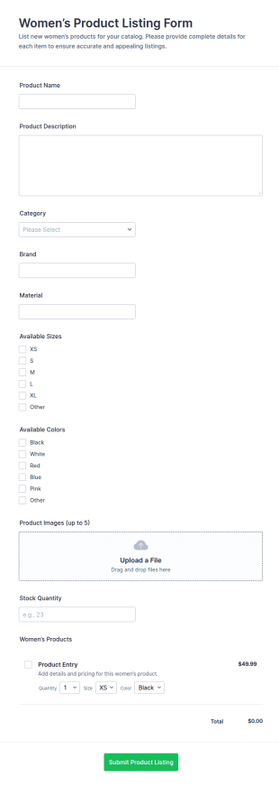 Women’s Product Listing Form Template