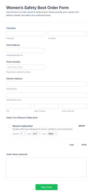 Women’s Safety Boot Order Form Template