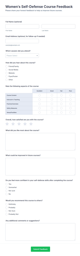 Women’s Self Defense Course Feedback Form Template