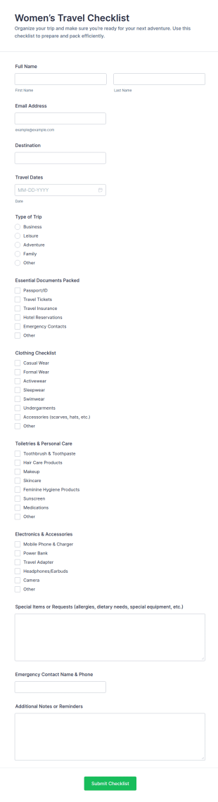 Women’s Travel Checklist Form Template