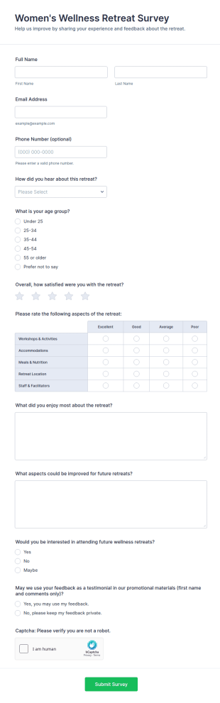 Women's Wellness Retreat Survey Form Template