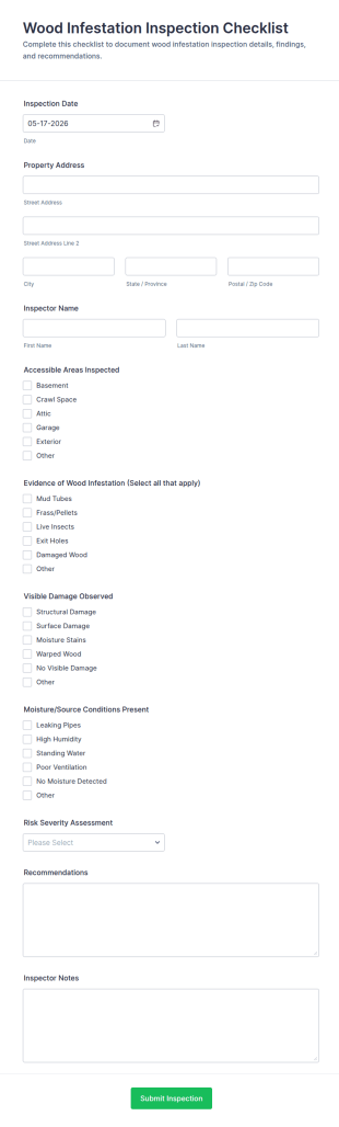 Wood Infestation Inspection Checklist Form Template