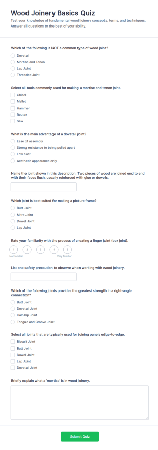 Wood Joinery Basics Quiz Form Template
