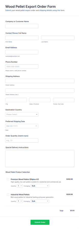 Wood Pellet Export Order Form Template