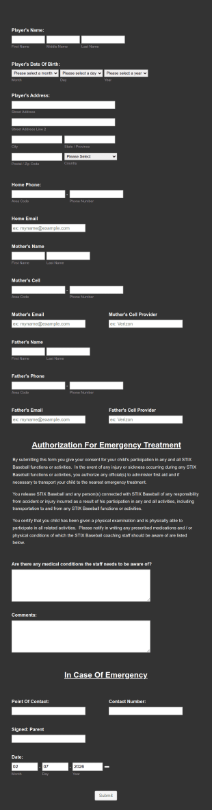 Kids Baseball Registration Form Template