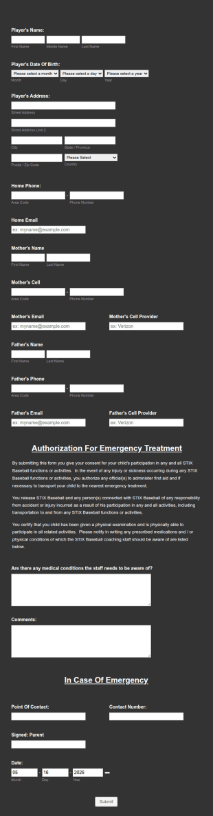 Kids Baseball Registration Form Template