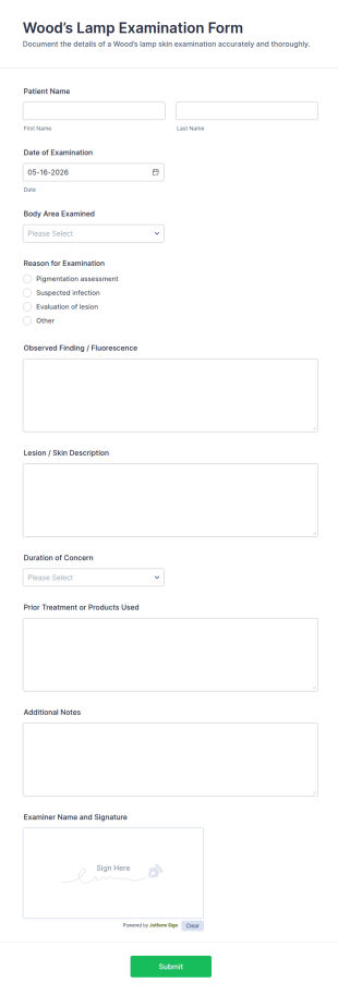 Wood’s Lamp Examination Form Template