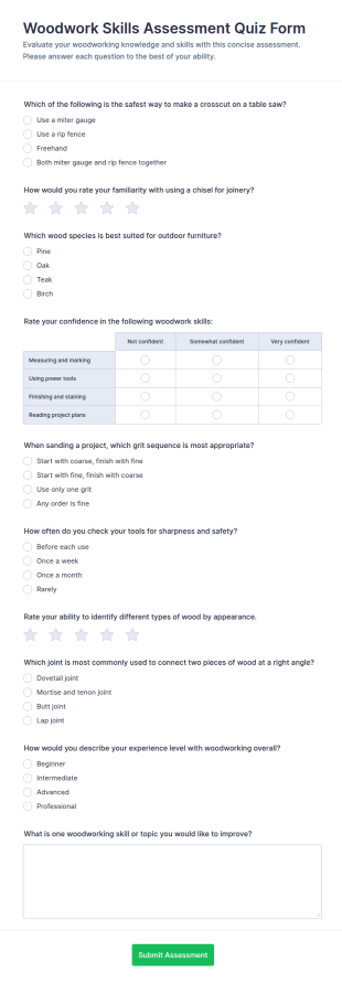 Woodwork Skills Assessment Quiz Form Template