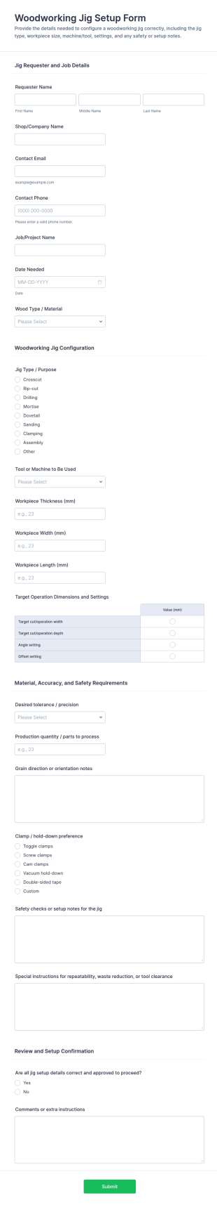 Woodworking Jig Setup Form Template