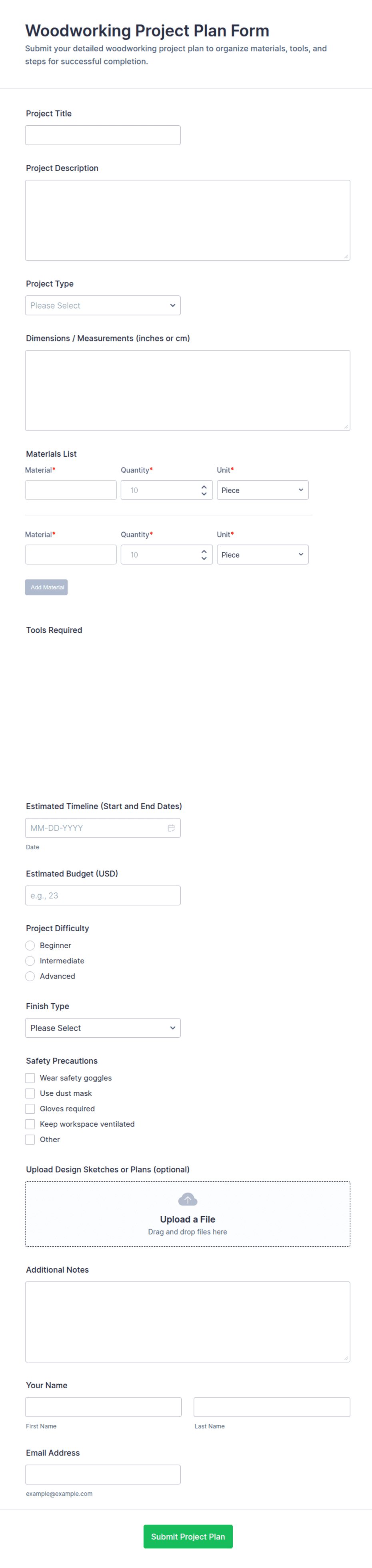 Woodworking Project Plan Form Template | Jotform