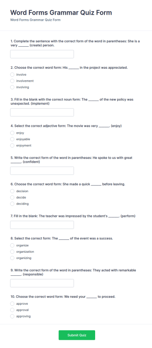 Word Forms Grammar Quiz Form Template