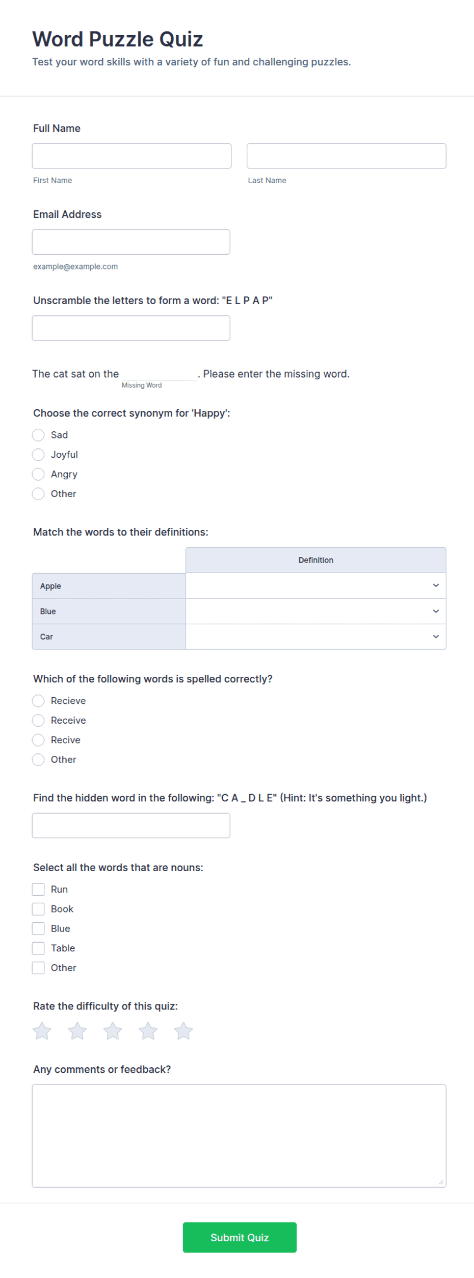 Word Puzzle Quiz Form Template | Jotform