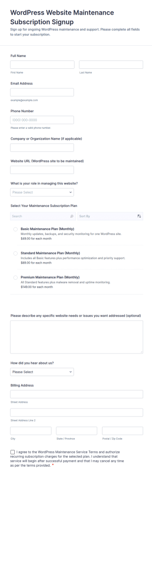 WordPress Website Maintenance Subscription Signup Form Template