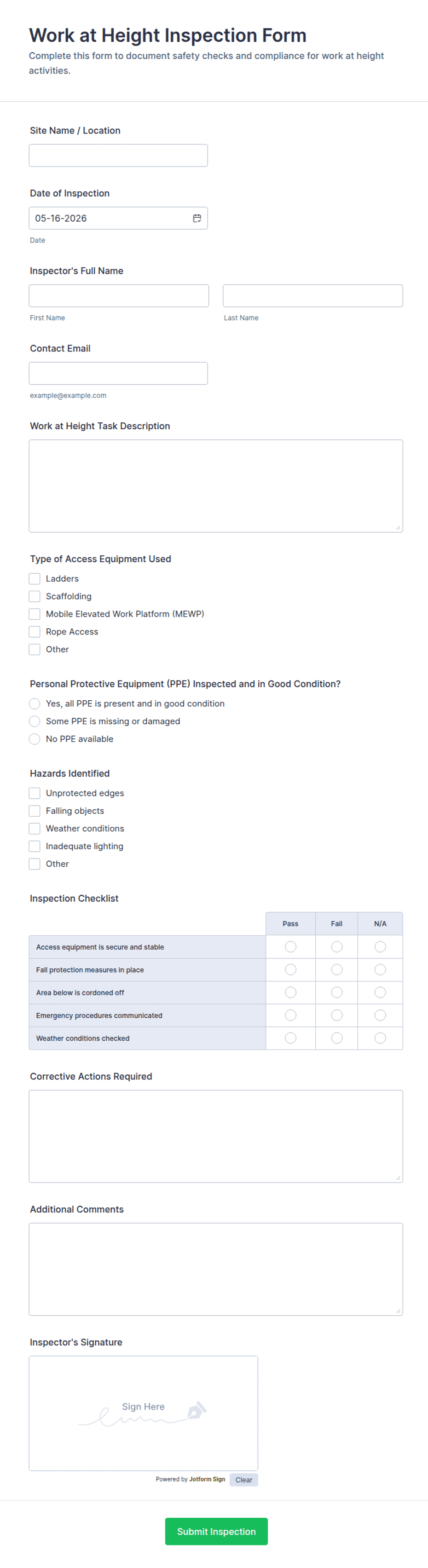 Fill Level Inspection Form Work at Height Inspection Form Template | Jotform
