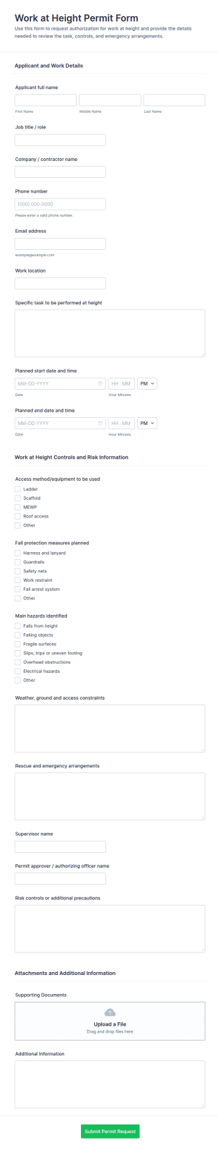 Work At Height Permit Form Template