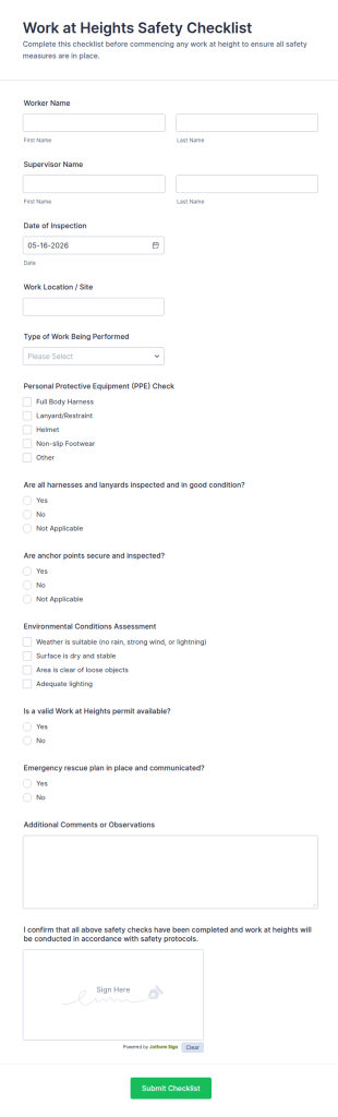 Work At Heights Safety Checklist Form Template