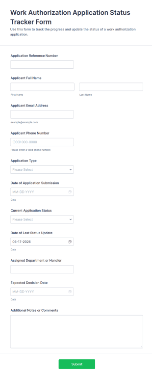 Work Authorization Application Status Tracker Form Template