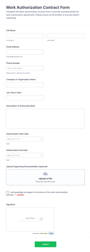 Work Authorization Contract Form Template