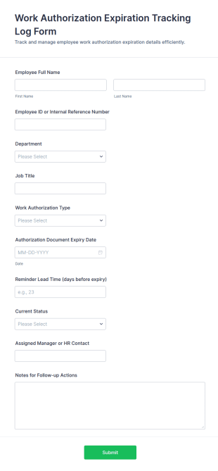 Work Authorization Expiration Tracking Log Form Template