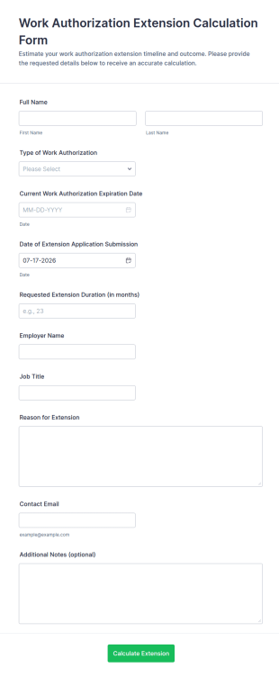 Work Authorization Extension Calculation Form Template