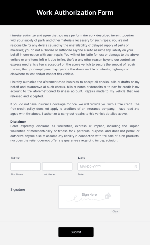 Work Authorization Form Template