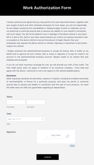 Work Authorization Form Template