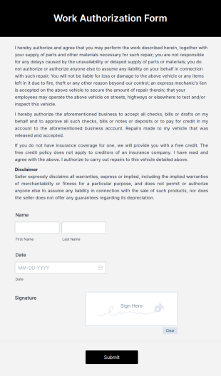 Work Authorization Form Template