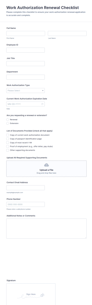 Work Authorization Renewal Checklist Form Template