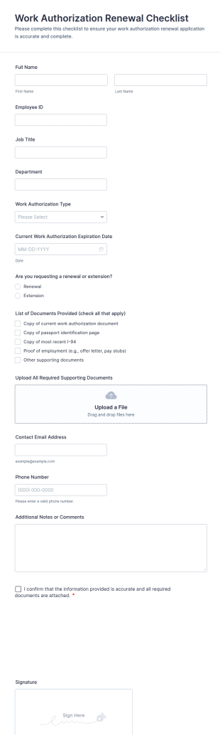 Work Authorization Renewal Checklist Form Template