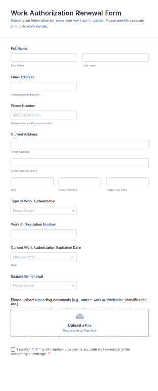 Work Authorization Renewal Form Template