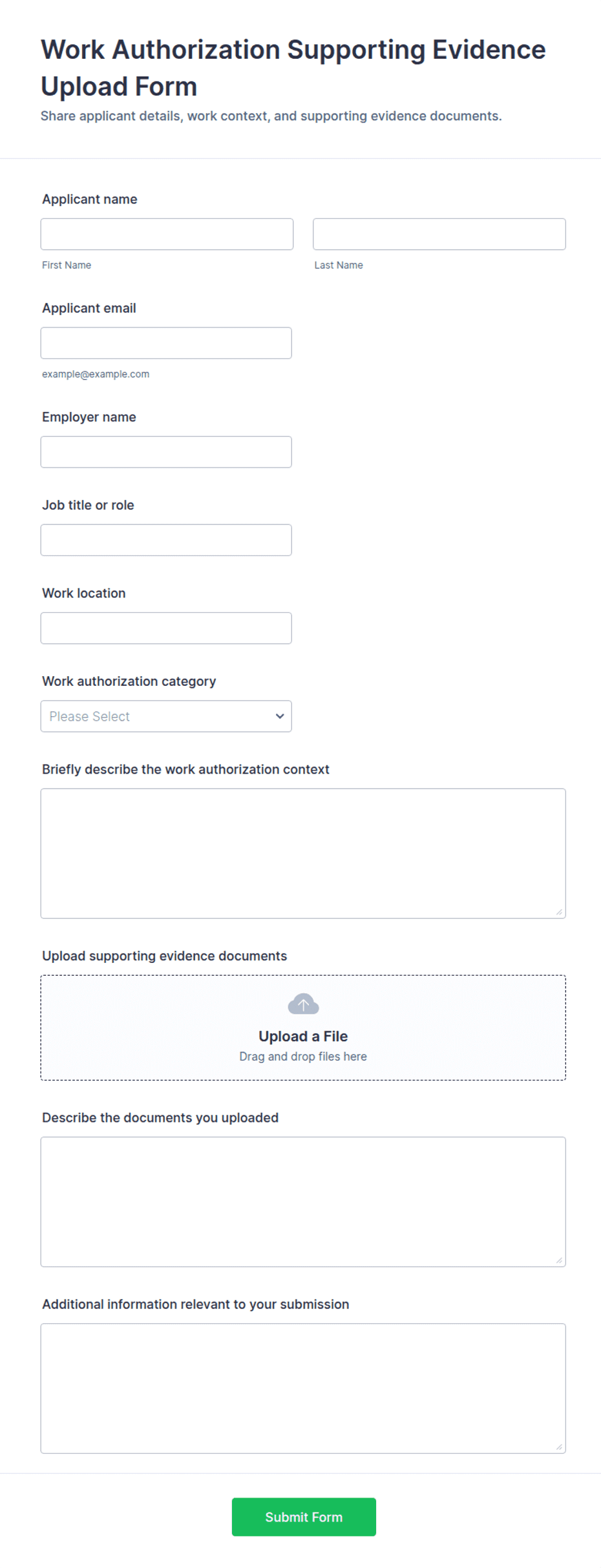 Work Authorization Supporting Evidence Upload Form Template | Jotform