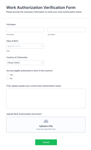 Work Authorization Verification Form Form Template