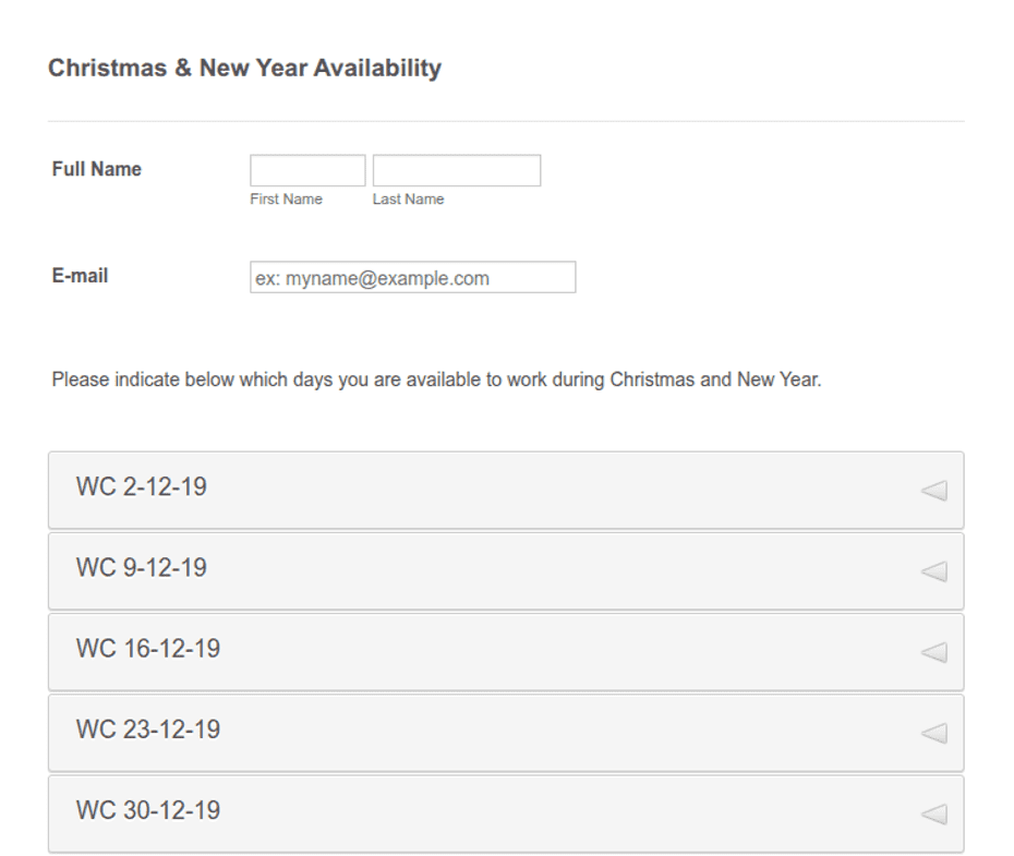 Update Work Availability Message Work Availability Form Template | Jotform