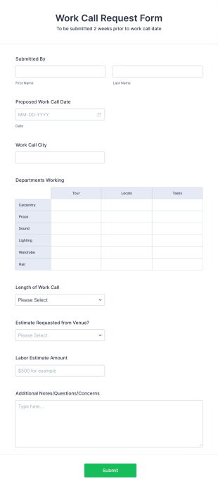 Work Call Request Form Template