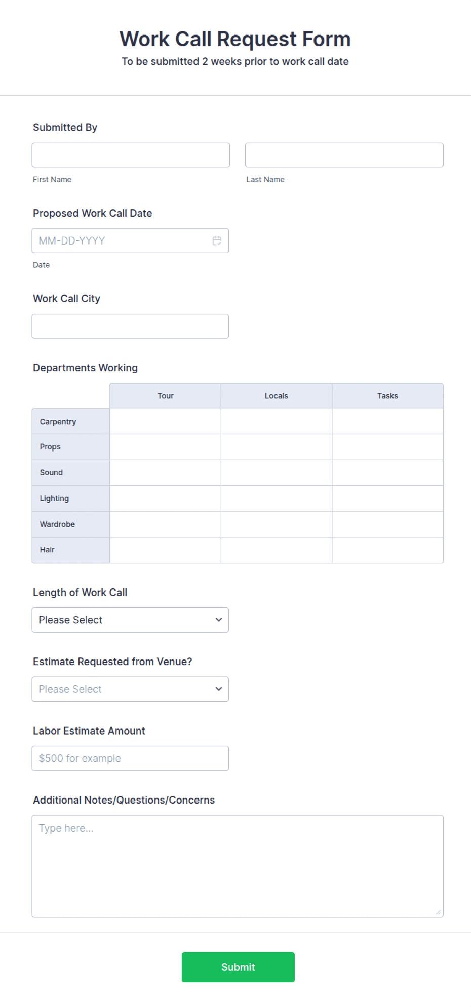 Employee Call In Form Work Call Request Form Template | Jotform