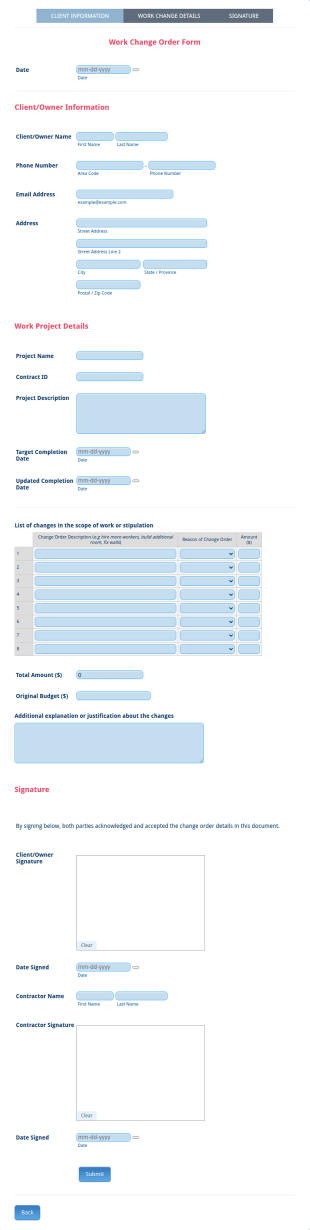 Work Change Order Form Template