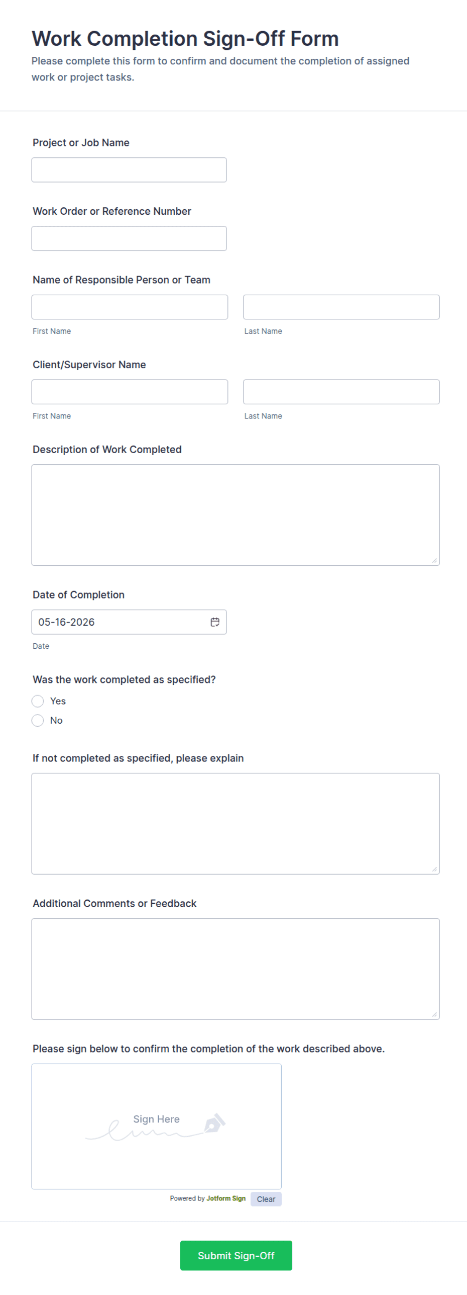 Assembly Router Sign Off Template Work Completion Sign-Off Form Template | Jotform