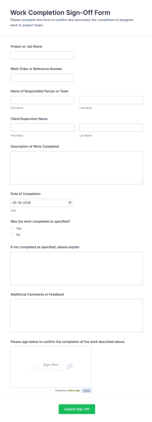 Work Completion Sign Off Form Template