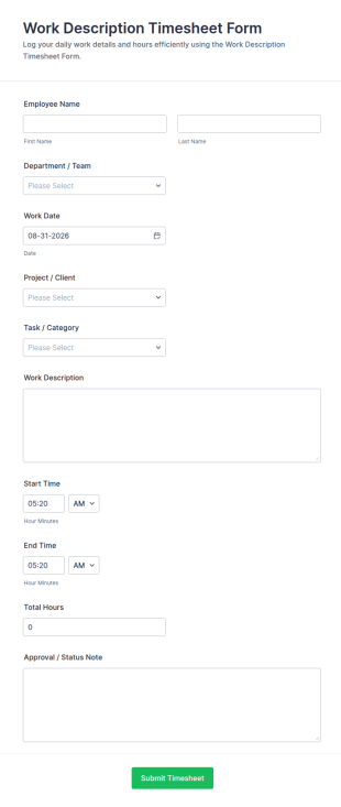 Work Description Timesheet Form Template