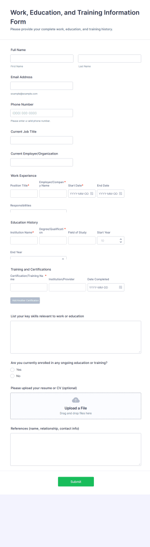 Work, Education, And Training Information Form Template