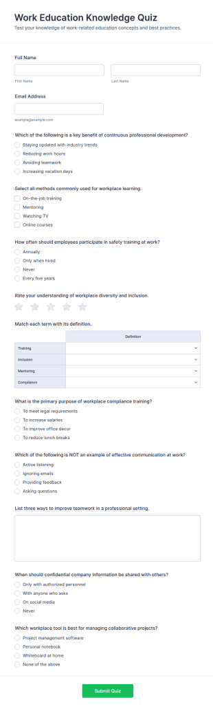 Work Education Knowledge Quiz Form Template