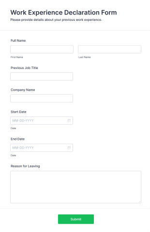 Work Experience Declaration Form Form Template