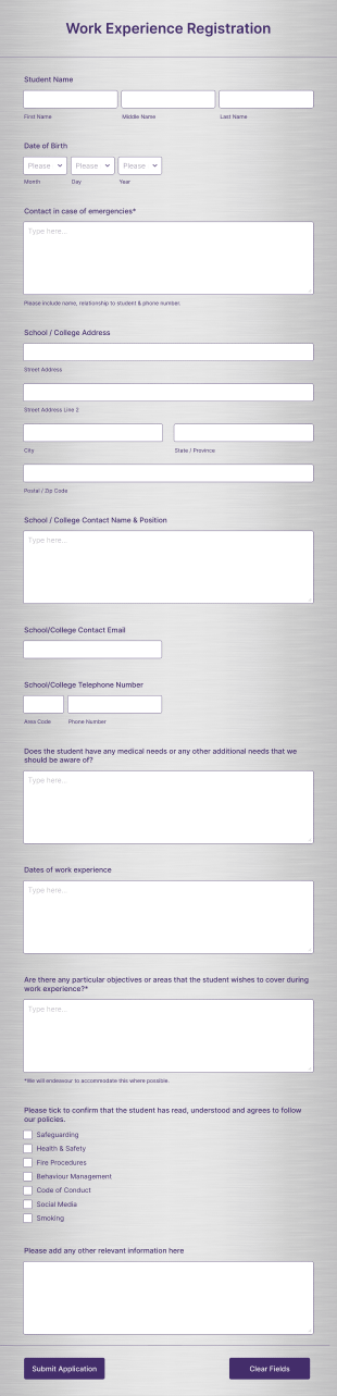 Work Experience Form Template