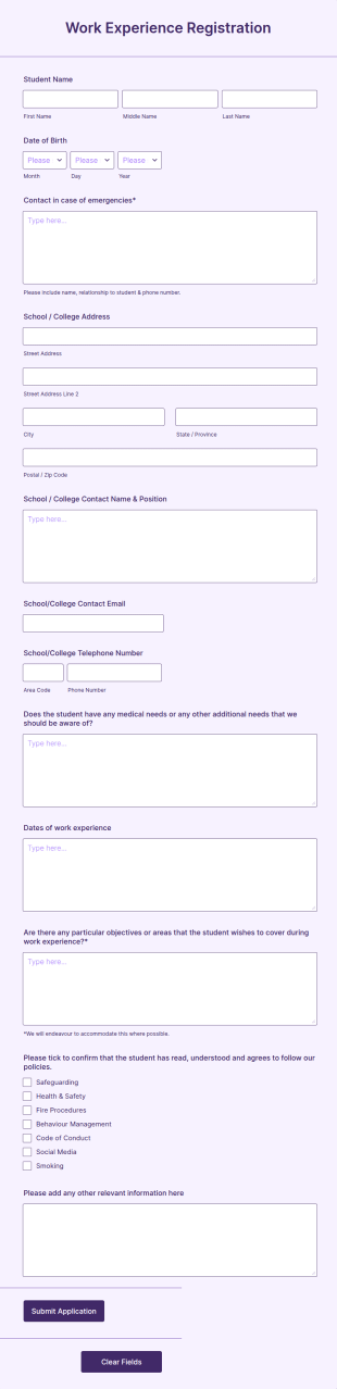 Work Experience Form Template