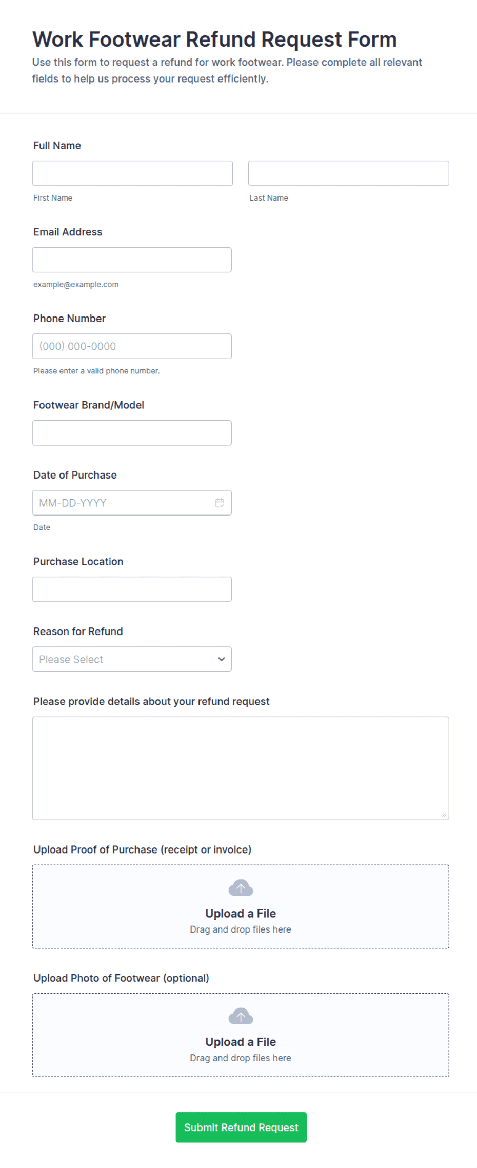 Work Footwear Refund Request Form Template | Jotform