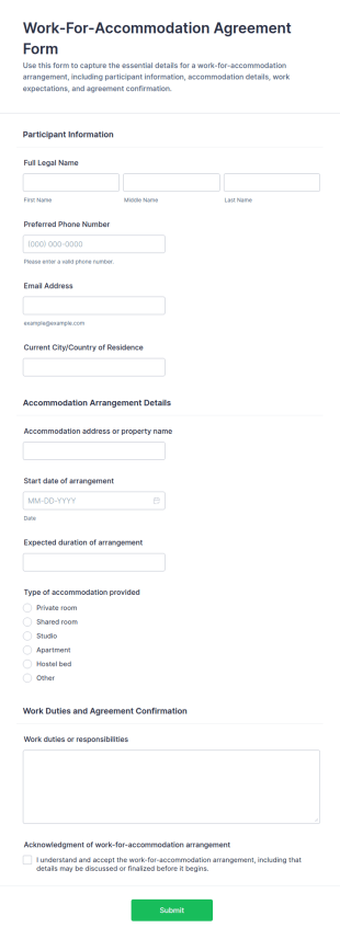 Work For Accommodation Agreement Form Template