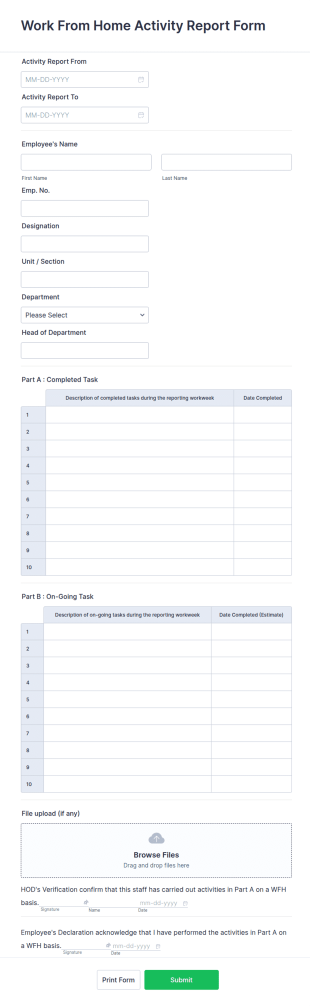 Work From Home Activity Report Form Template