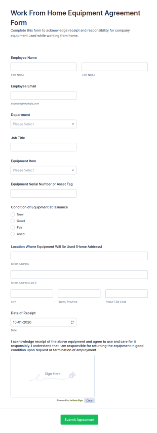 Work From Home Equipment Agreement Form Template