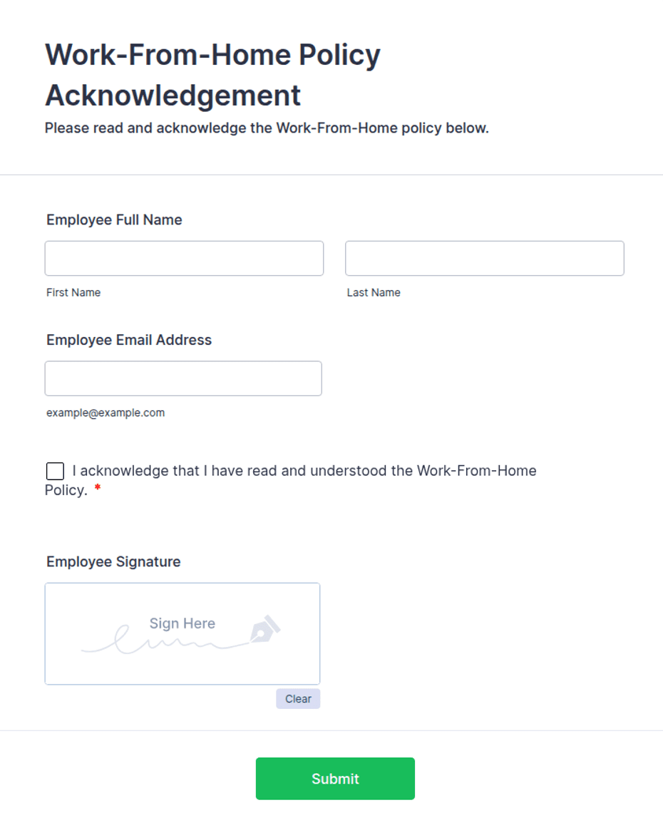 WorkFromHome Policy Acknowledgement Form Template Jotform