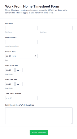 Work From Home Timesheet Form Template